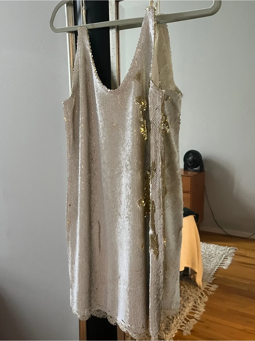 Free People White Sequin Slip Dress with Gold Accents